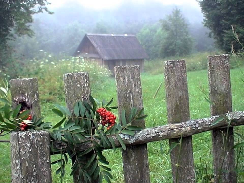 Голая девица отдыхает у деревянного дома с изгородью
