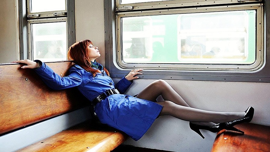 Candid beautiful girl with flats train pic