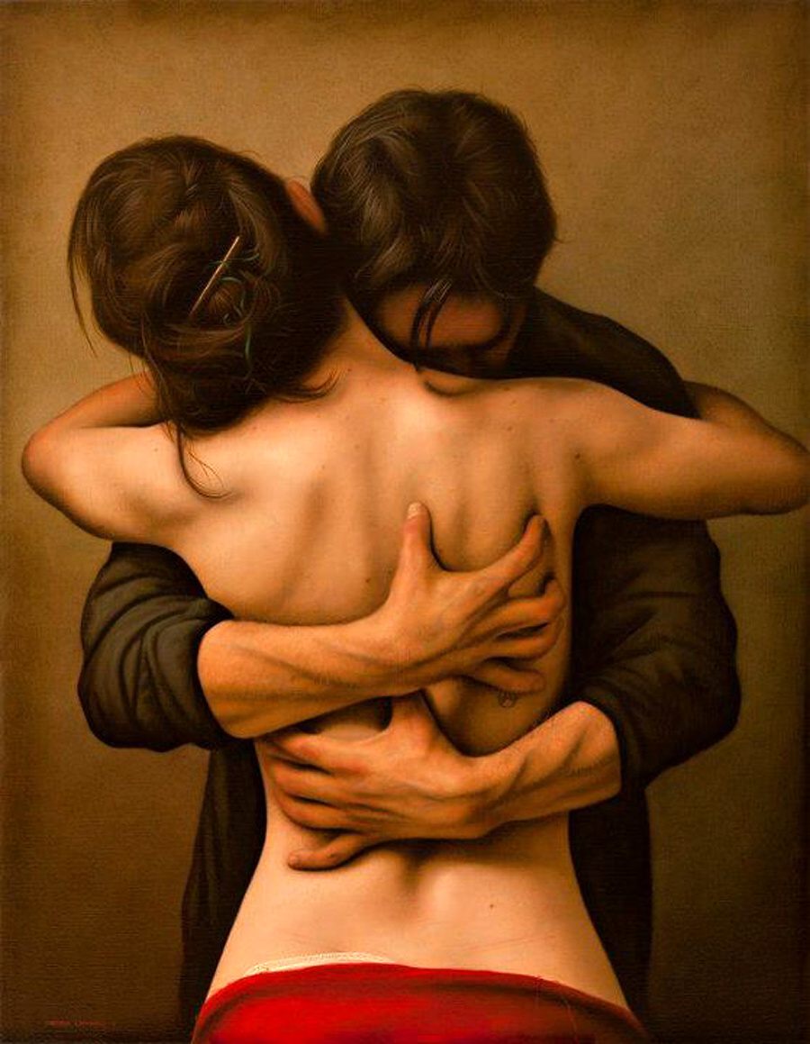 Woman hugging naked man