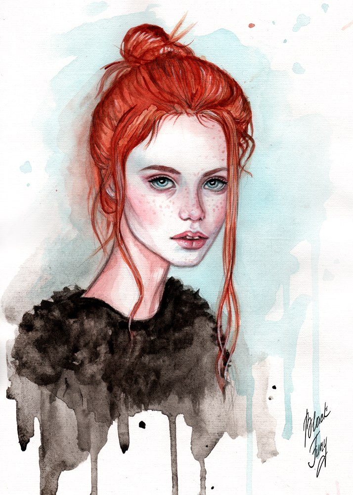 портрет рыжей девушки. лицо девушки акварелью. рыжая акварель. рыжая девушка акварель. портрет девушки акварелью.