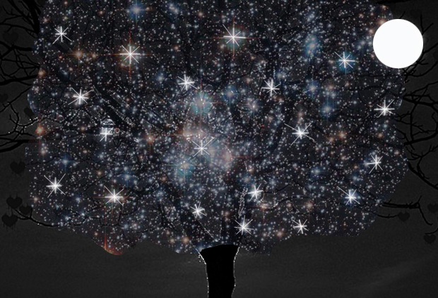 Почти хокку. В небе меж чёрной листвы...