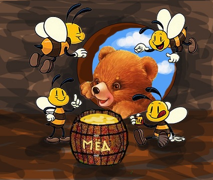 Медведя пчела мед. Медведь с медом. Медвежонок с медом. Медвежонок с бочонком меда. Медведь с бочкой меда.