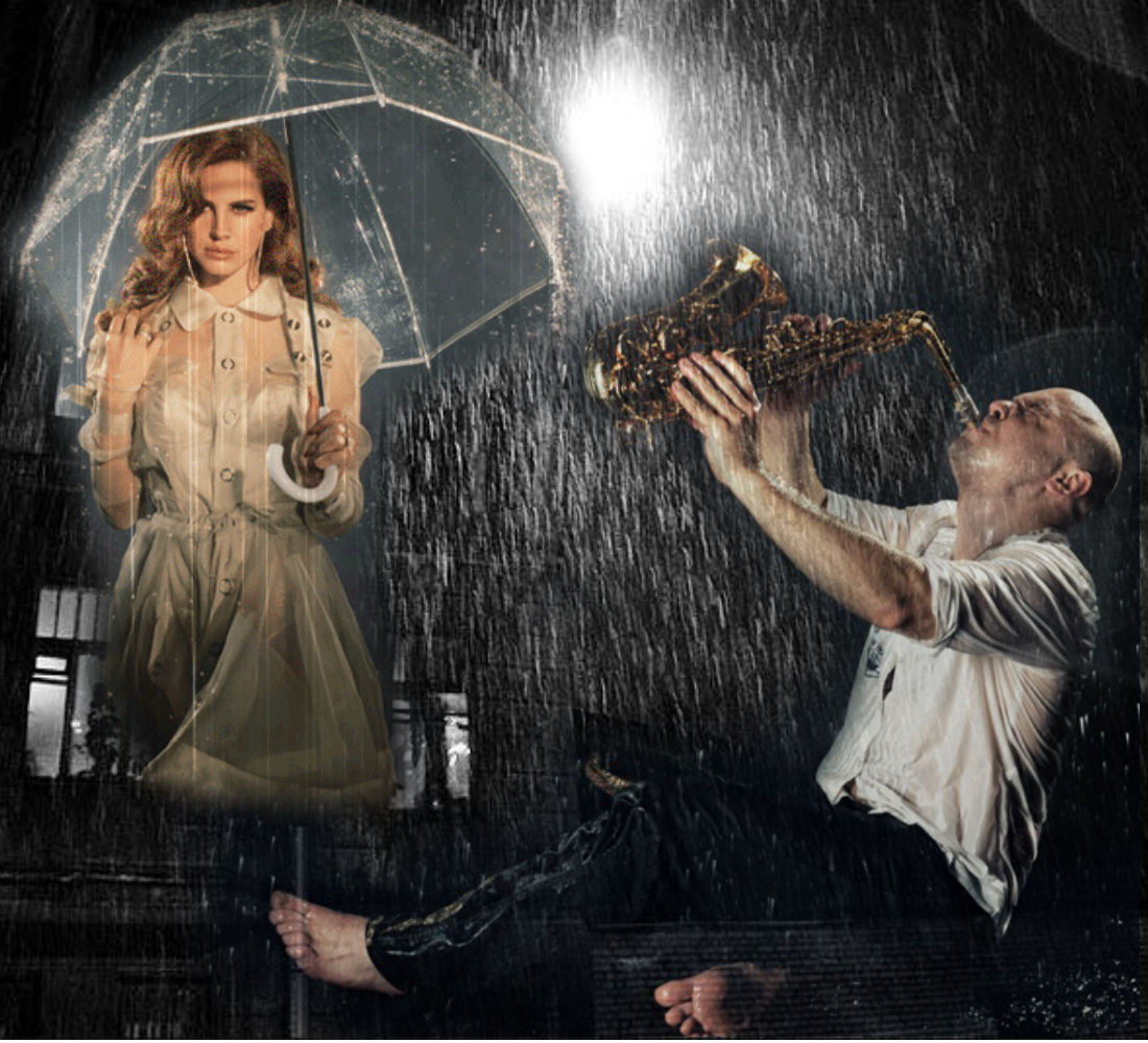 Играй тише на 1. Музыкант под дождем. Музыкальный дождь. Саксофон дождь. Блюз дождя.