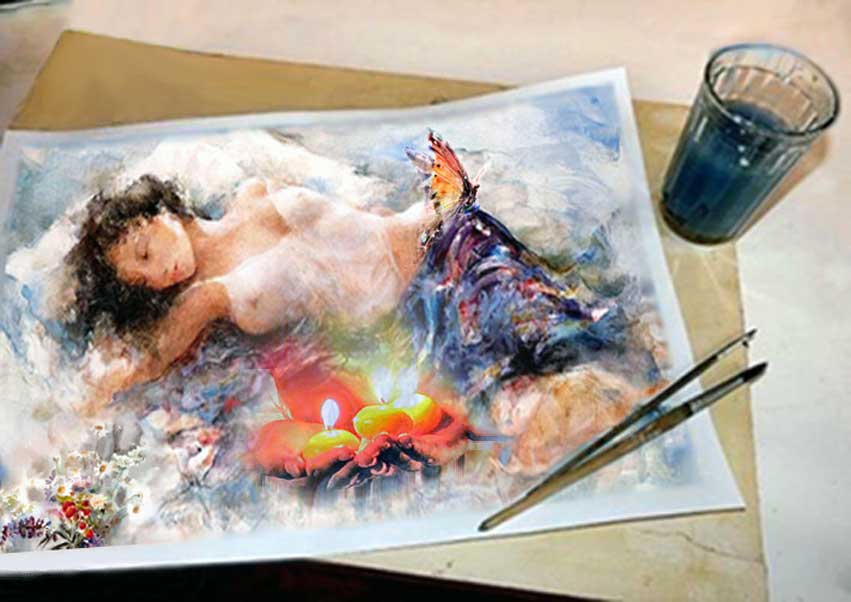 Лето. Синий вечер. Акварель. Ты...