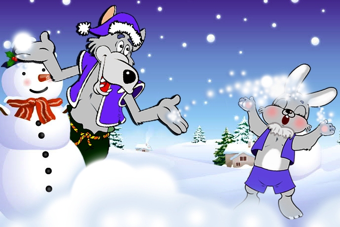 Волк мороз. Снеговик заяц. Волк и заяц новый год. Новогодние открытки с волком и зайцем. Снеговик и Зайка.