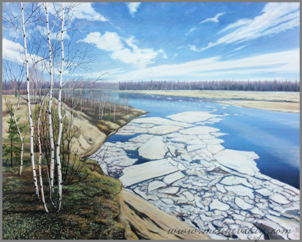 Рисование ледоход на реке. Весенний пейзаж. Картина ледоход.