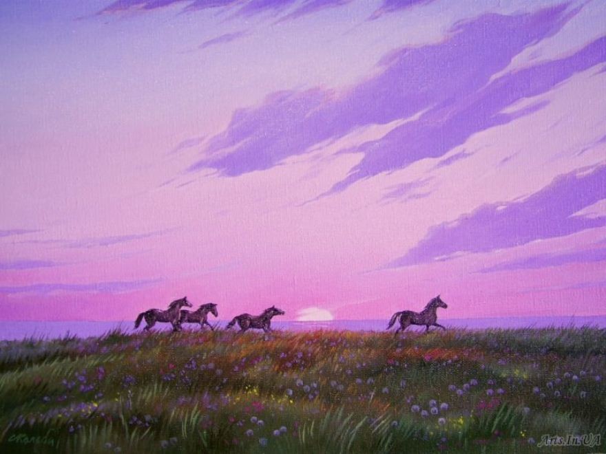 Закат на лугу рисунок