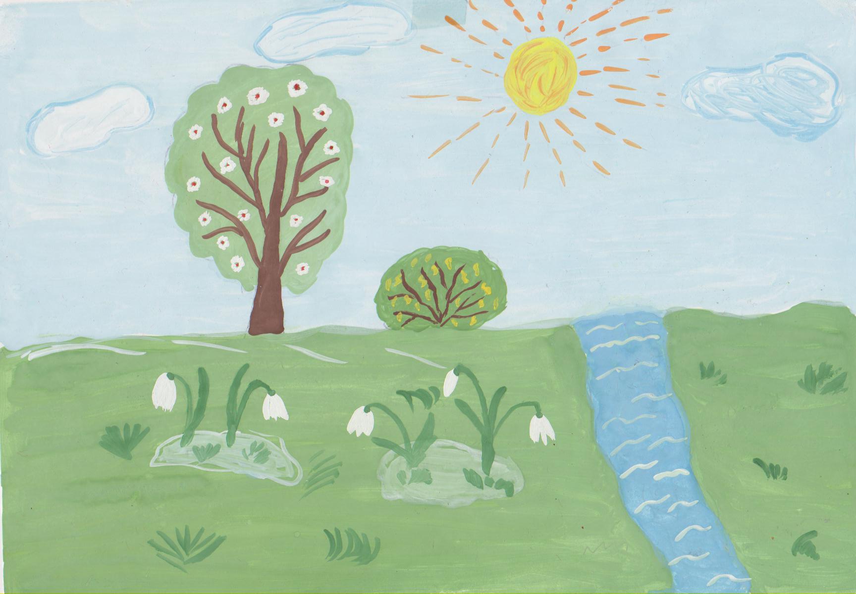 Весенний пейзаж детский рисунок. Рисунок на весеннюю тему.