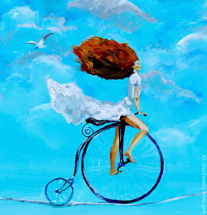 Мечтаешь о велосипеде. Картина девушка на велосипеде. Картина велосипедист. Велосипед акрилом. Девушка на велосипеде на море.