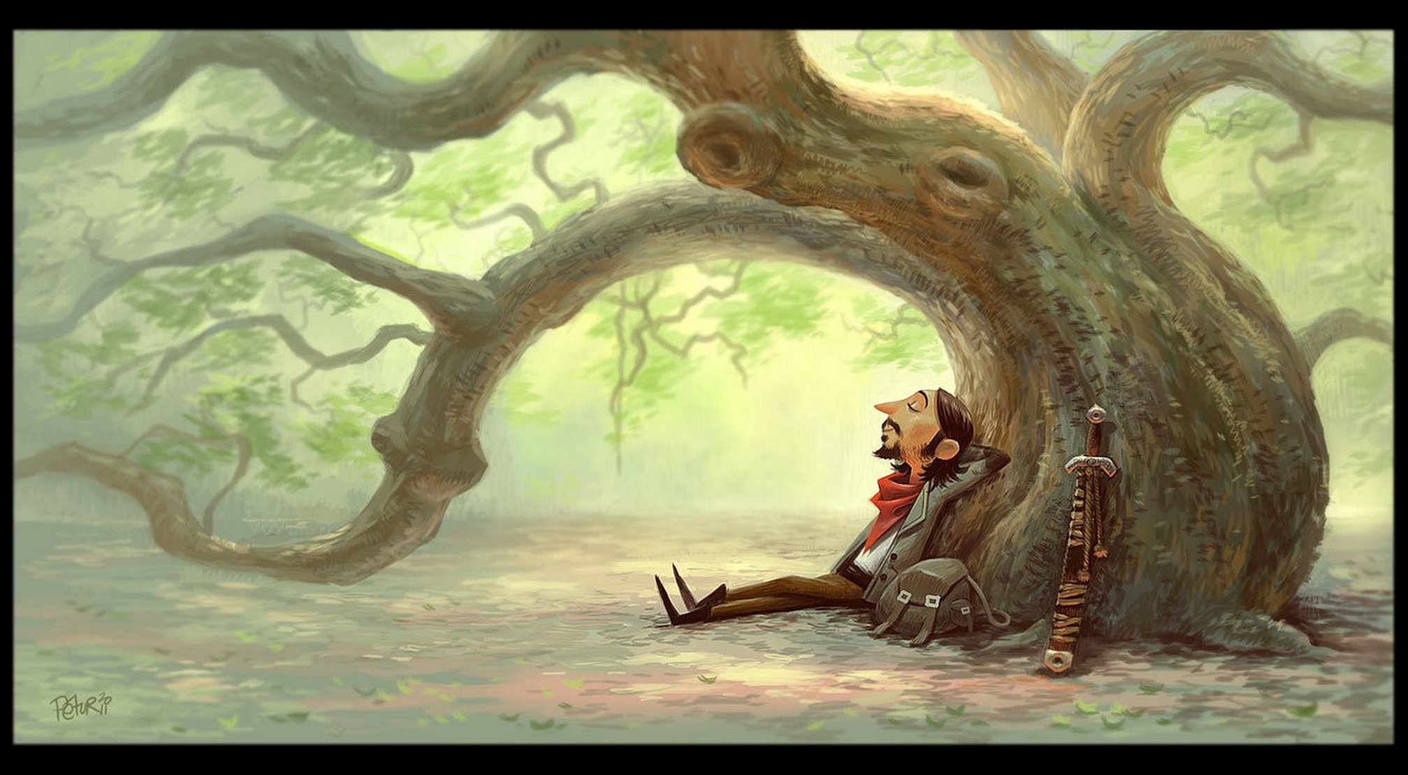 Не жди к дубу приходи. Человек под деревом. Сказочное дерево. Дерево фэнтези. Человек сидит под деревом.