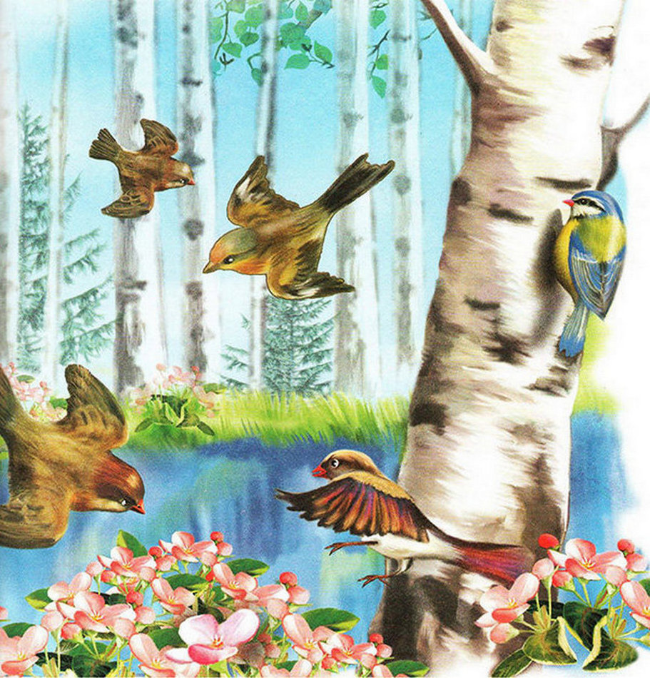 Воробей березка. Бианки лето Синичкин календарь. Синичкин календарь Бианки май. Весенний лес для детей. Птицы в весеннем лесу.