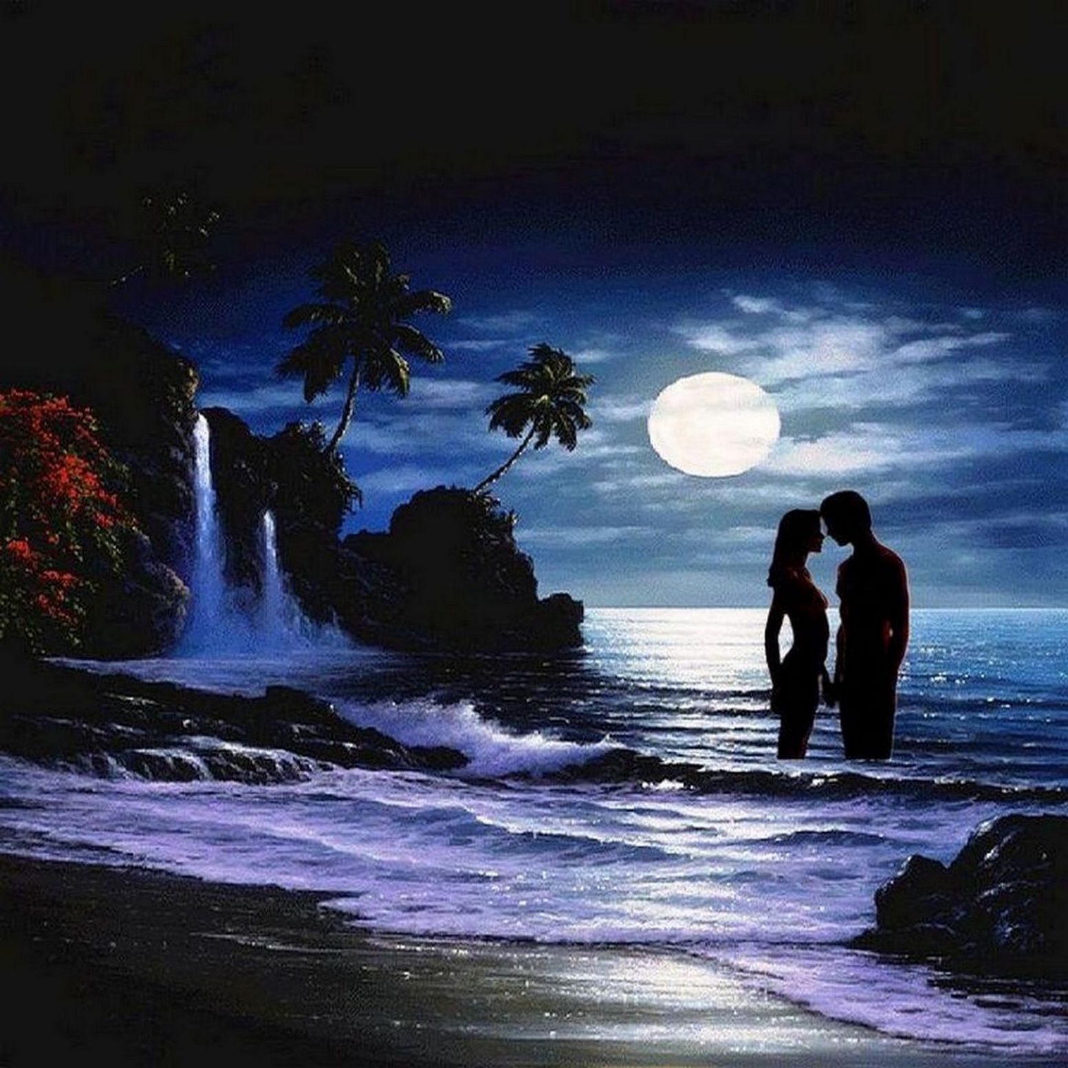 Незабываемый месяц. Влюбленные на берегу моря ночью. Море вечер двое. Пара на море ночью. Ночной пляж любовь.
