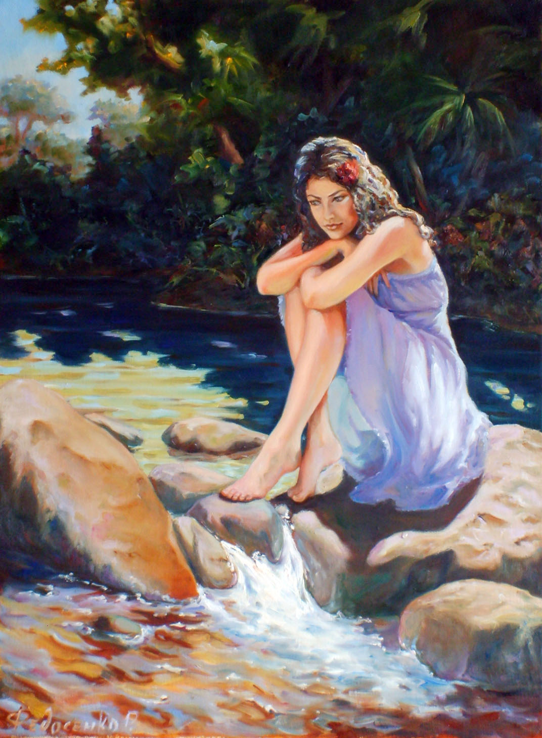 Волнующие картины. Девушка сидит у реки.