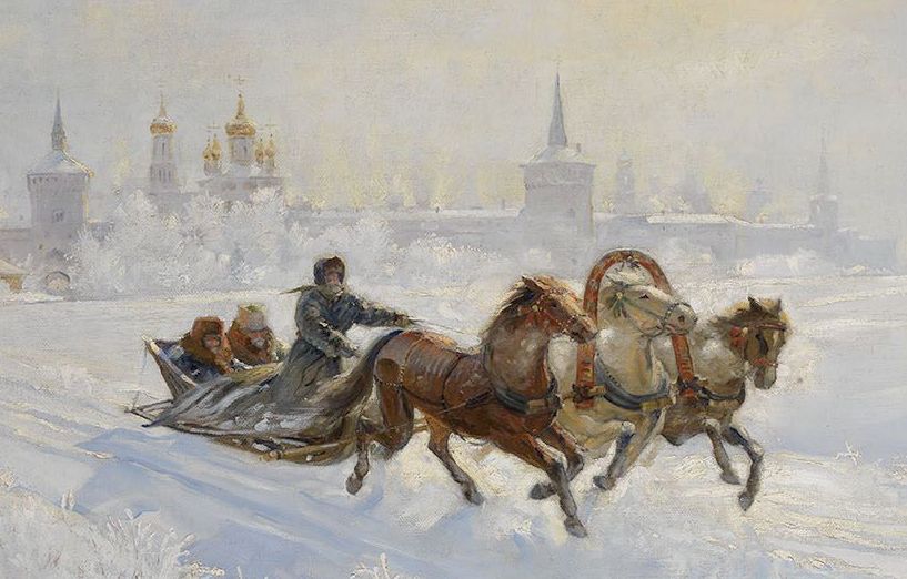 Сани с тройкой лошадей