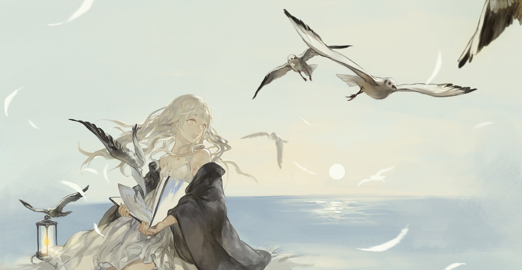 Ветра глоток. Девушка птица арт. Девушка ветер арт. Чайки море фэнтези. Чайки живопись.