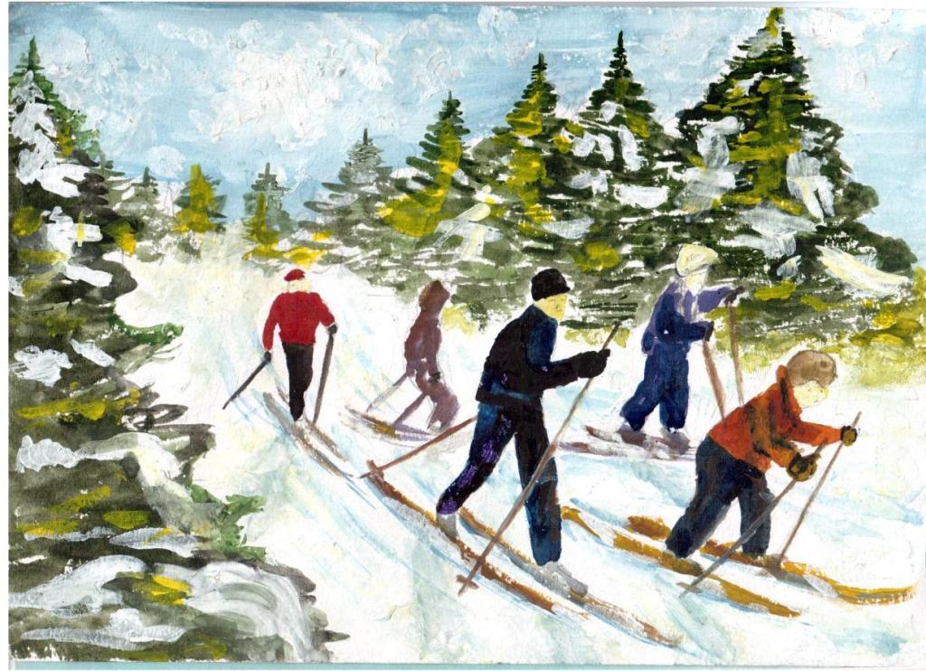 Зимние забавы лыжи. Лыжники живопись. Картина лыжники. Дети катаются на лыжах.
