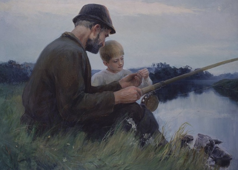 Дедушка ловит рыбу. «Отец и сын» 1959 картина. Рыбалка живопись.