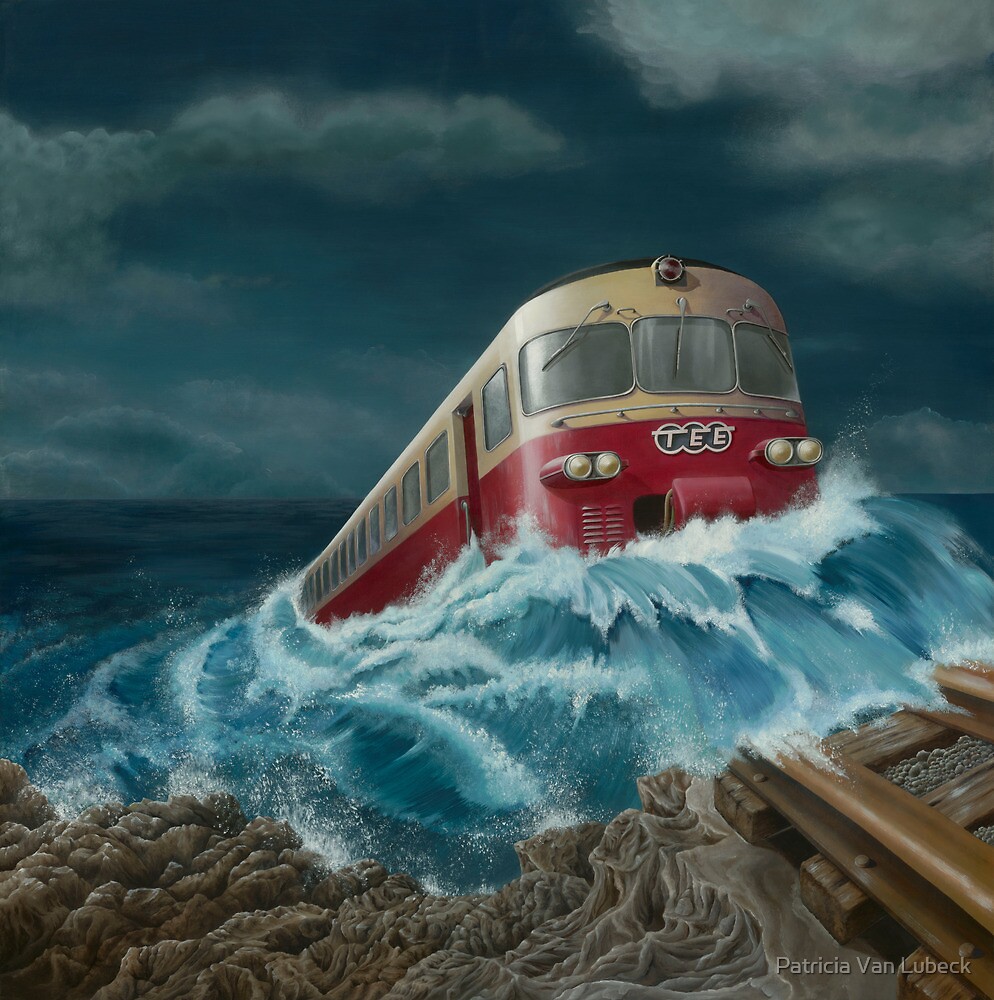 Электричка в никуда. Поезд сюрреализм. Летающий поезд. Железная дорога сюрреализм. Поезд картинка.