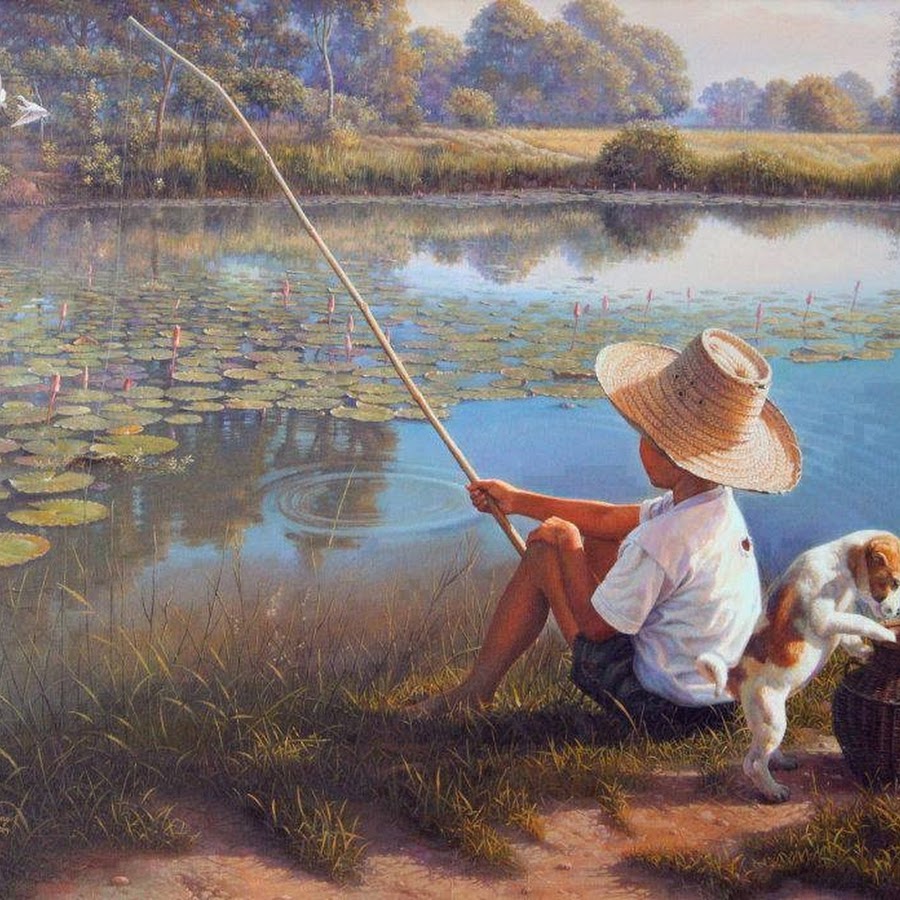 С утра сидит на озере. Картина Рыбак. Любитель рыболов.