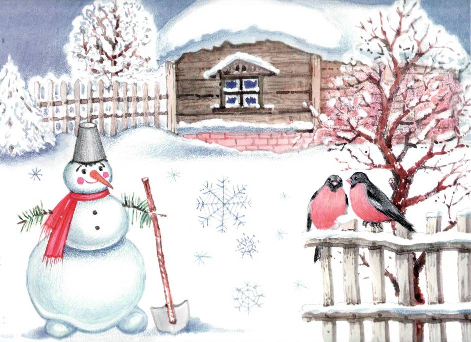 Картинки к зимним словам. Зимние рисунки. Зимний пейзаж со снеговиком. Зимний пейзаж рисунок. Снеговик рисунок.