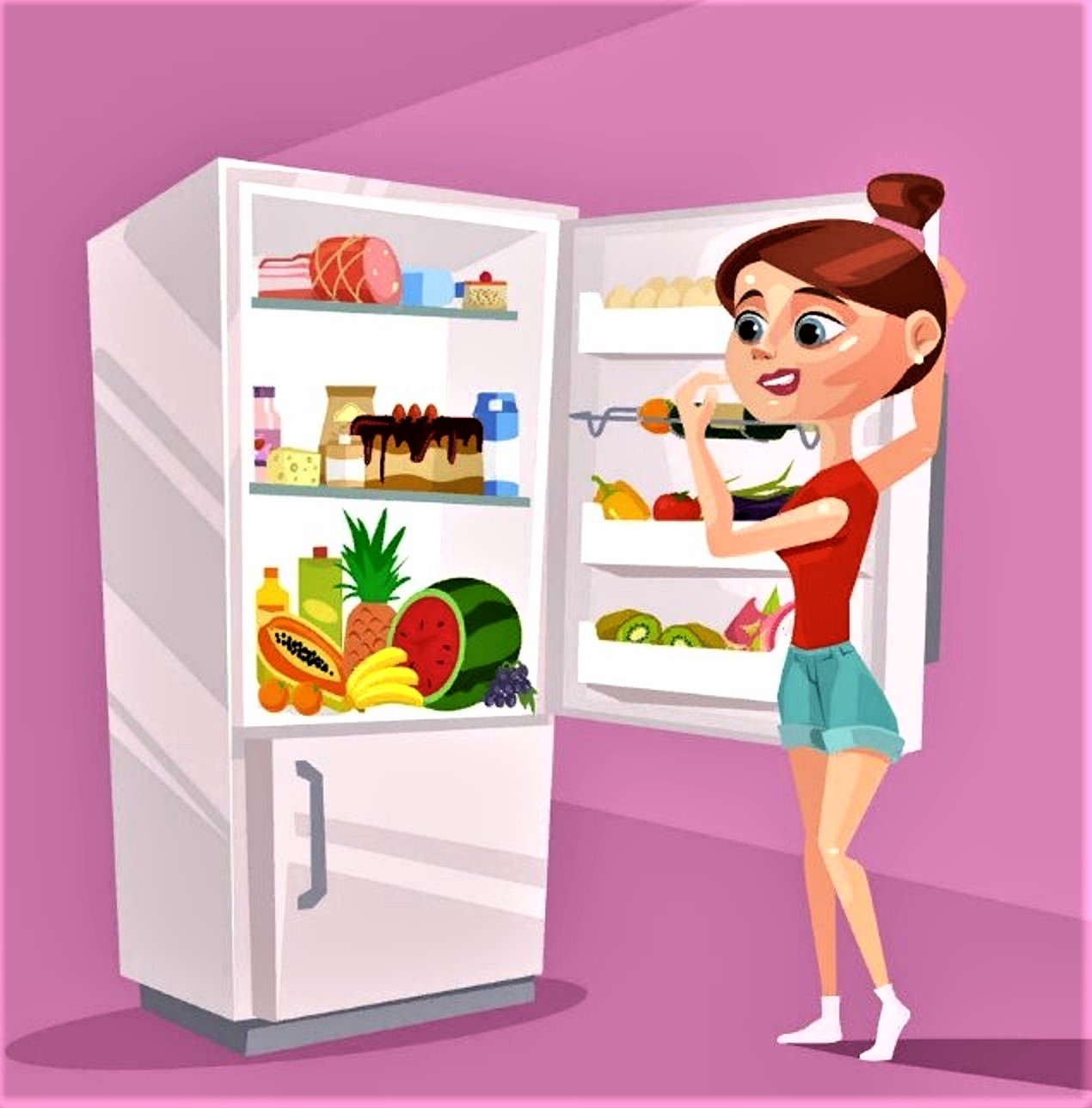 Девушка раскладывает продукты в. холодильник