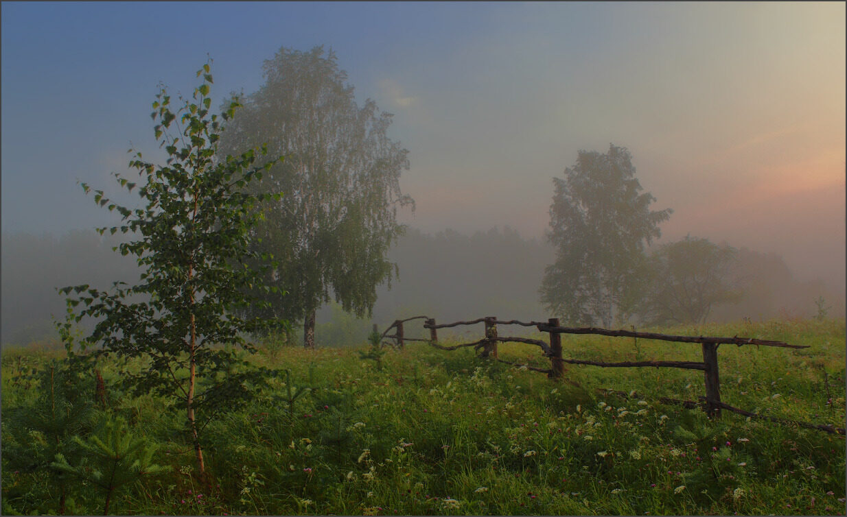 природа в селе. игнатьев михаил иванович художник. за околицей туман. природа деревня.