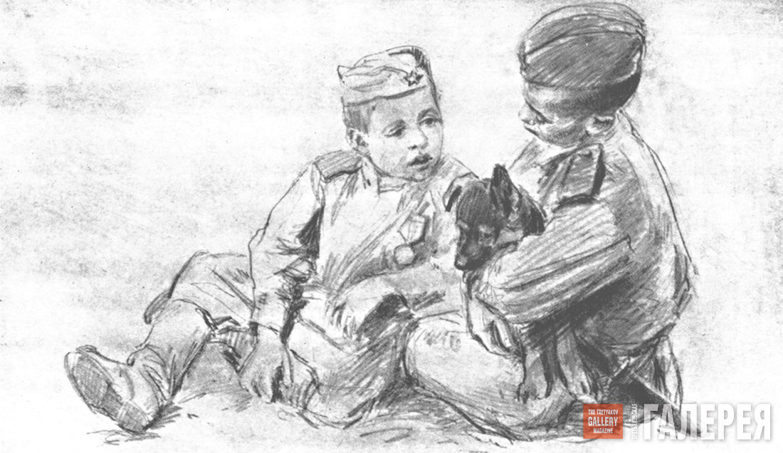 Солдат держит ребенка рисунок