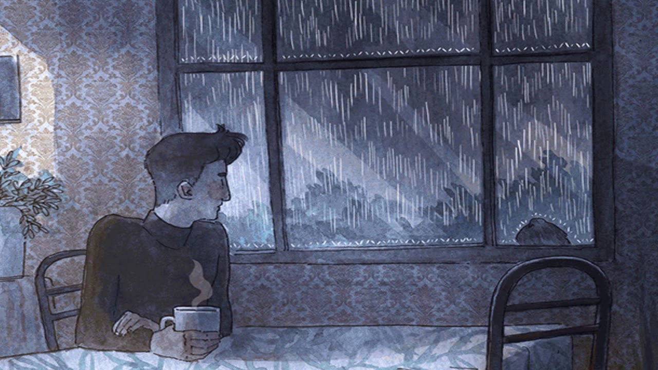Однажды вечером я сидел на своей. Дождь за окном. Дождь в окне. Окно иллюстрация. Человек за окном.