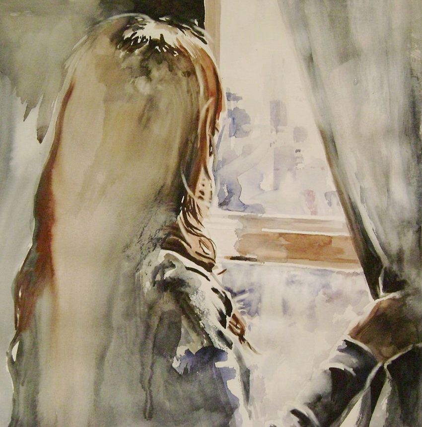 Размышления художника. Художник Boyana Petkova. Женщина у окна живопись. Женщина у окна акварель. Одинокая девушка акварель.