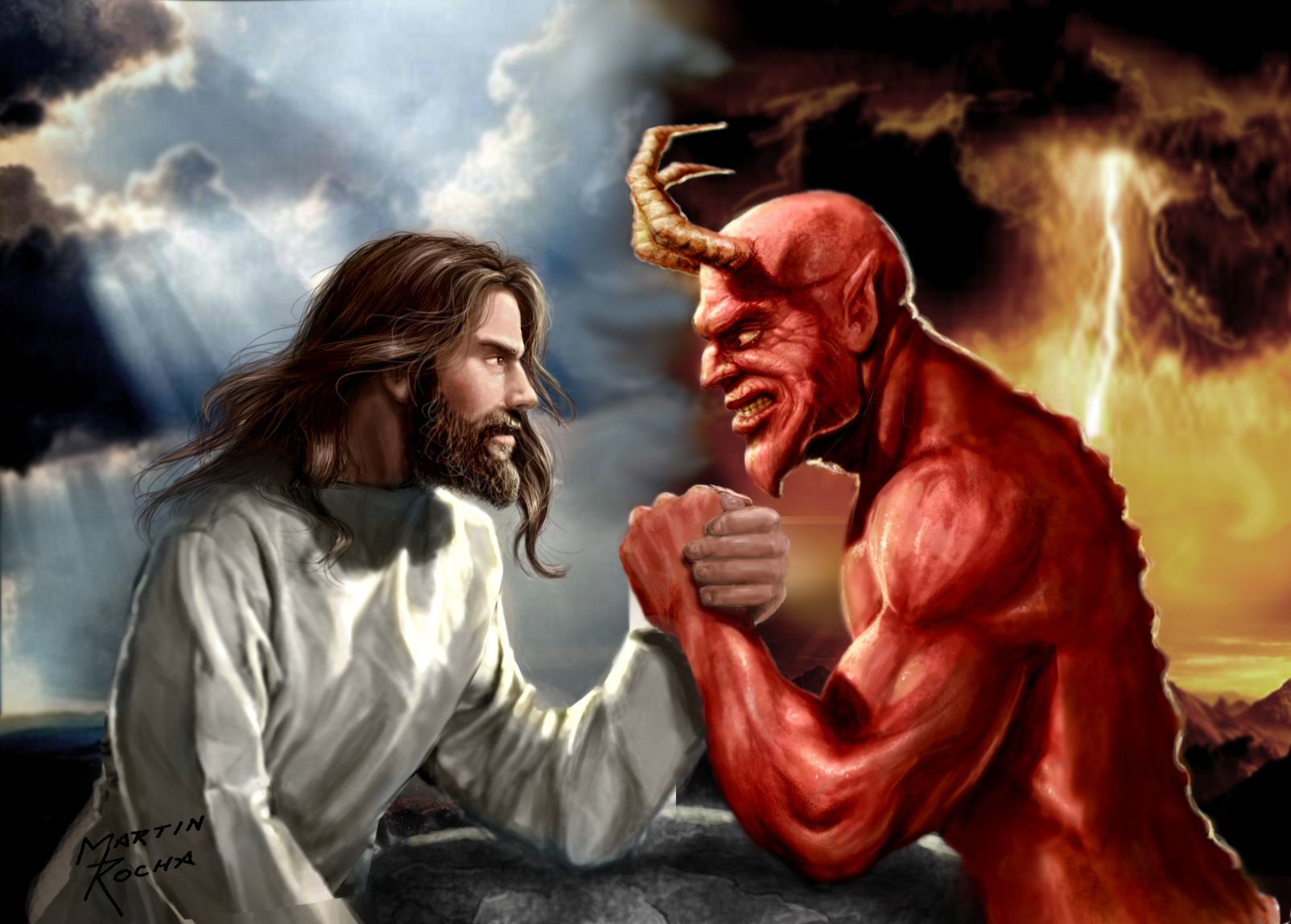 А поле битвы сердца людей. Дьявол Люцифер против Иисуса Христа. Грег Олсен картины Иисус. Иисус против дьявола. Бог и дьявол.