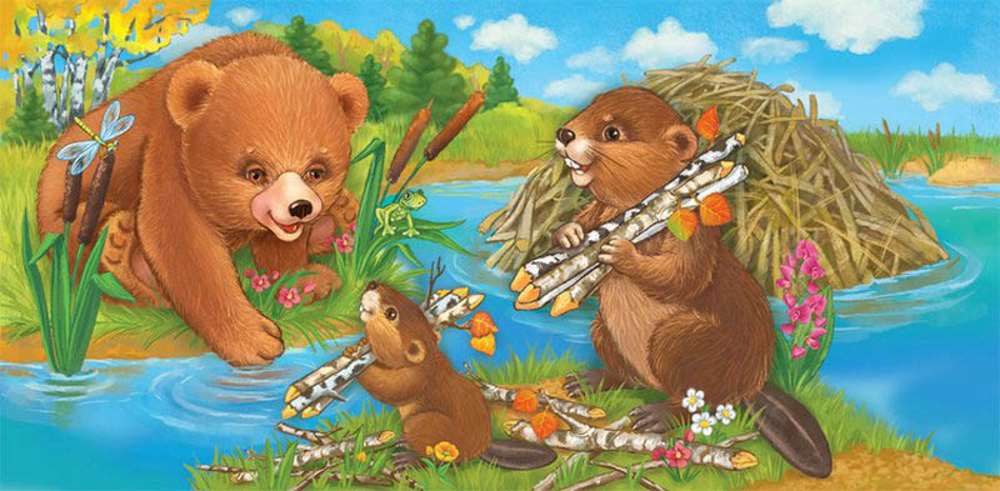 Детям про бобра. Бобр иллюстрация. Бобр и медведь. Медведь и бобер. Медведь сказочный.