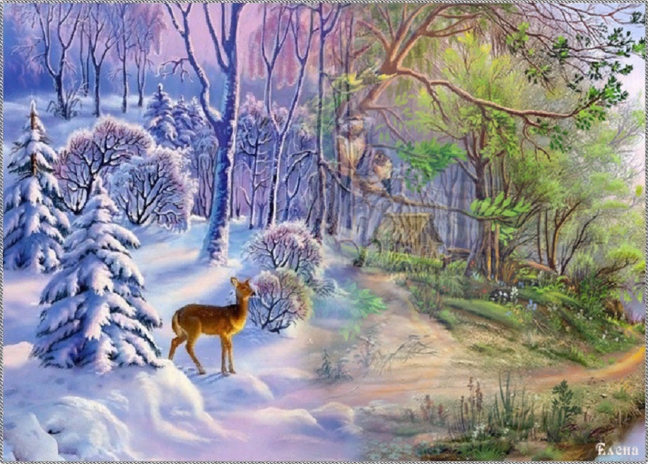 Картинка встреча зимы. Картина зимнего леса для детского сада. Пейзаж лета и зимы для детей. Картина времена года. Зимний лес рисунок.