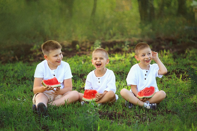 Братик игрушка. Братики. Детская фотосессия братики и сестрички с арбузом. Фото троих с цветком.