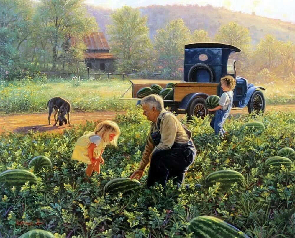 Труд людей в поле. Художник Mark Keathley деревенская жизнь. Картина уборка урожая Нищева.