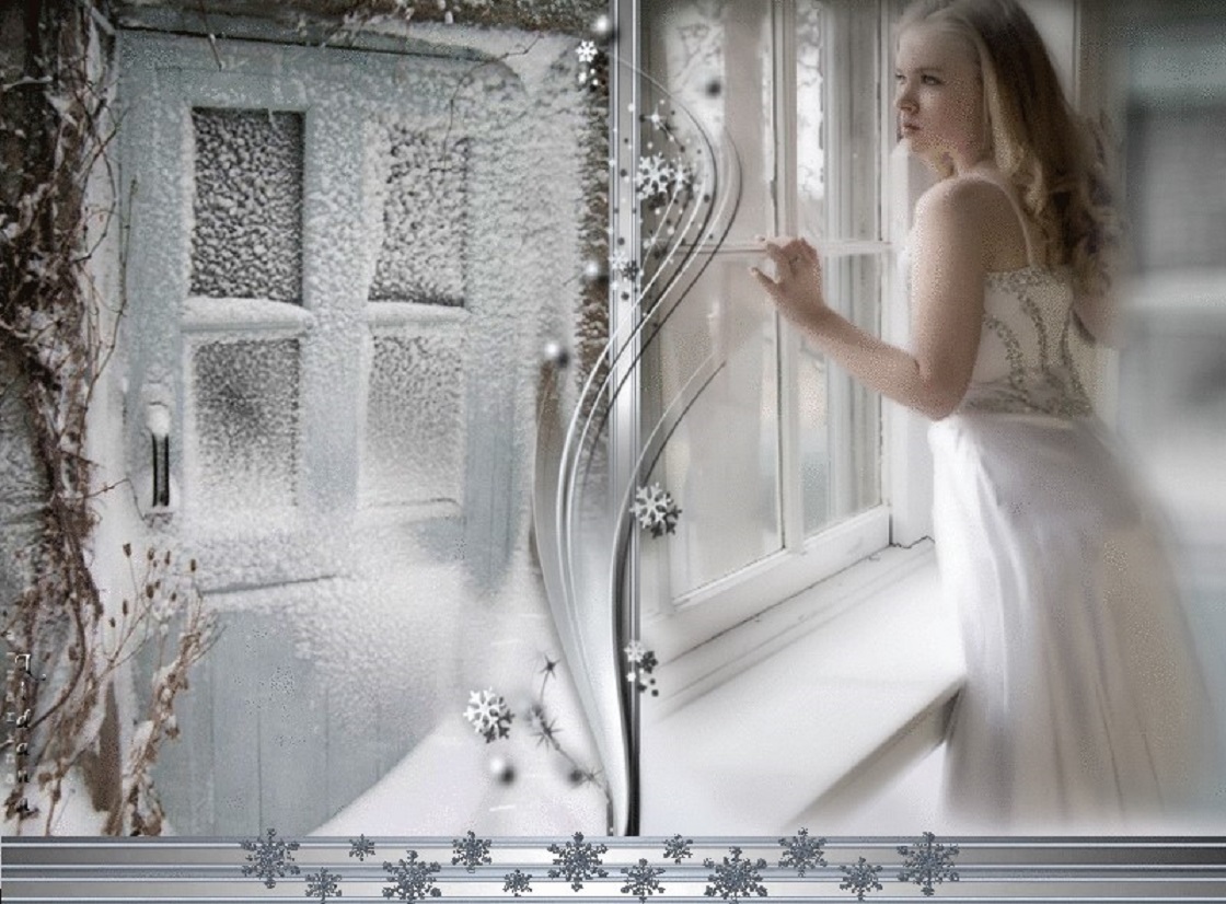 И снова стучит в окно. Зимнее окно. Девушка у зимнего окна. Окно зимой. Снег за окном.