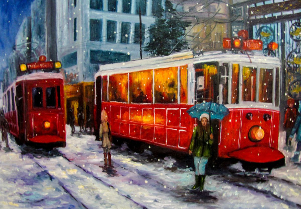 Ретро трамвай довлатов. Трамвай живопись. Городской пейзаж с трамваем. Красный трамвай. Трамвай картины художников.