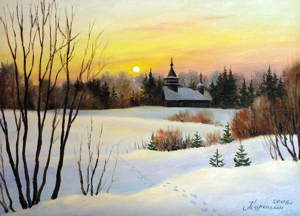 Зимний пейзаж с храмом