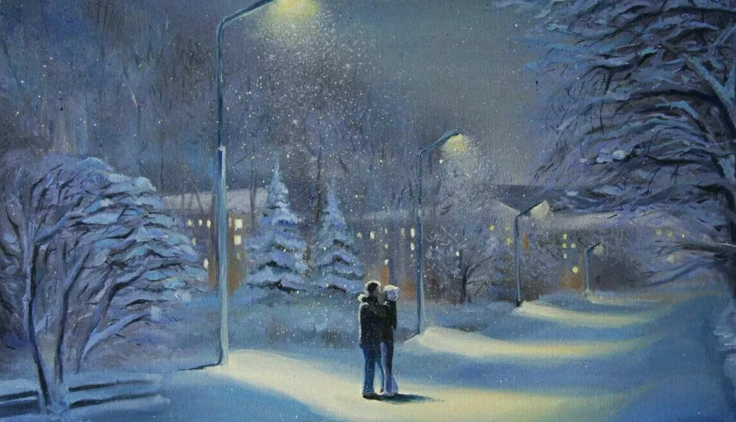 Стояла тихая морозная ночь. Зимний пейзаж в городе. Снег идет живопись. Зимний пейзаж с людьми. Зимний ночной пейзаж.