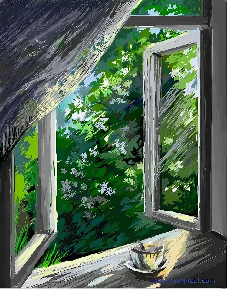 Открытая картина. Распахнутое окно. Открытое окно. Раскрытое окно. Деревья за окном.