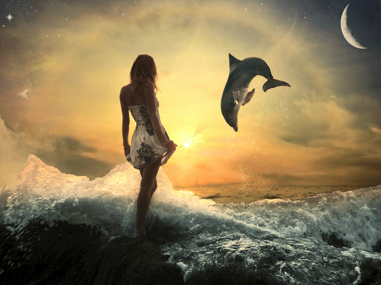 Луна дельфины песня. Девушка и Дельфин. Девушка-море. Море Луна девушка. Девушка море Дельфин.