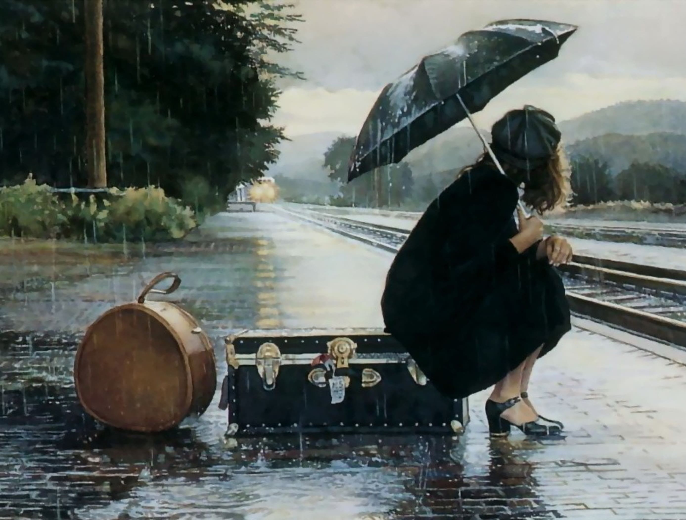 Песня уезжаю покидаю эту страну. Художник Стив Хэнкс картины. Стив Хэнкс акварель. Живопись Стив Хэнкс девушка на вокзале дождь. Steve Hanks картины дождя.