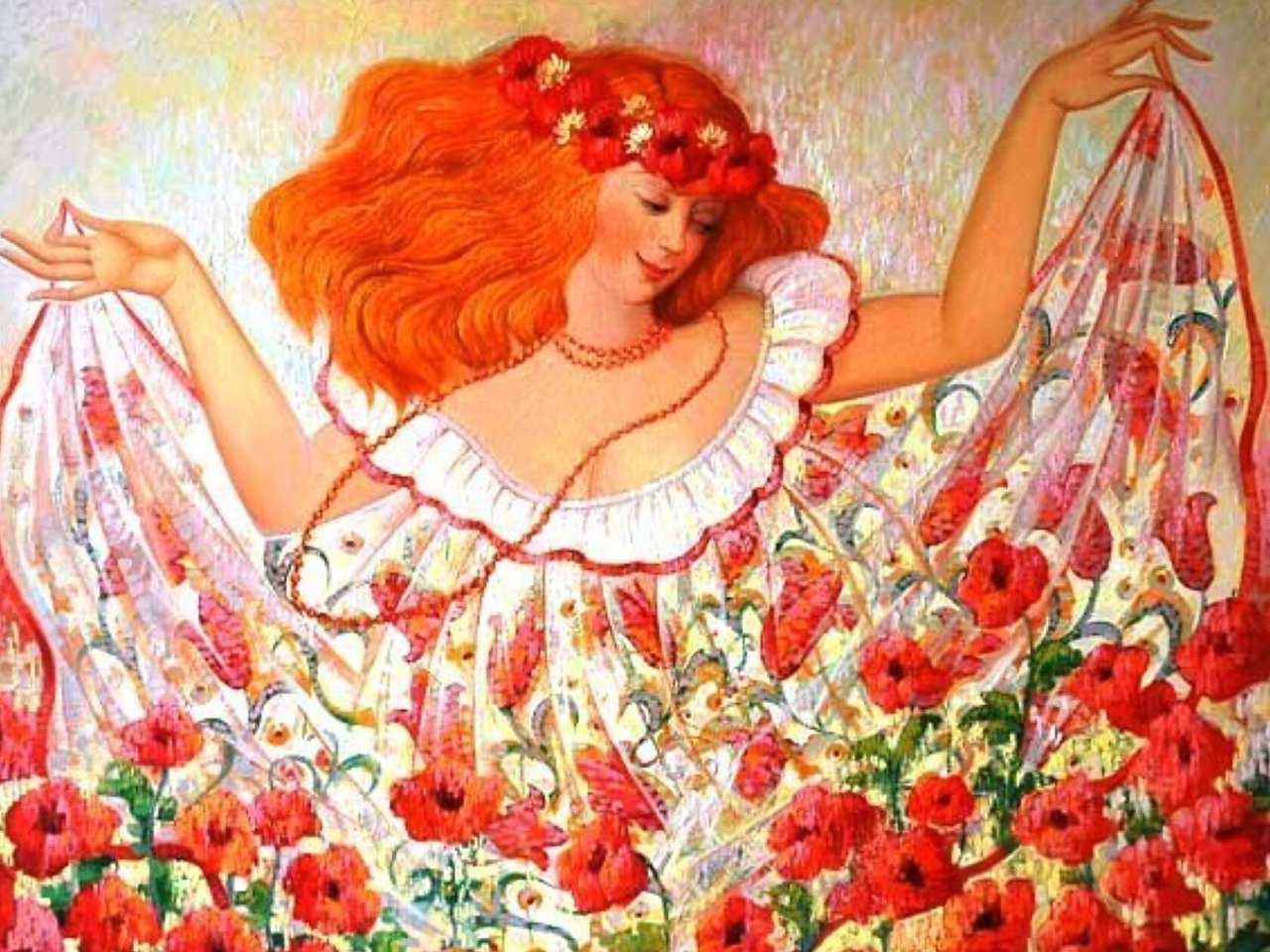 Толстая рыжая баба. Художник Marina Grigoryan.. Рыжая девушка с цветами. Девушка в цветах картина.