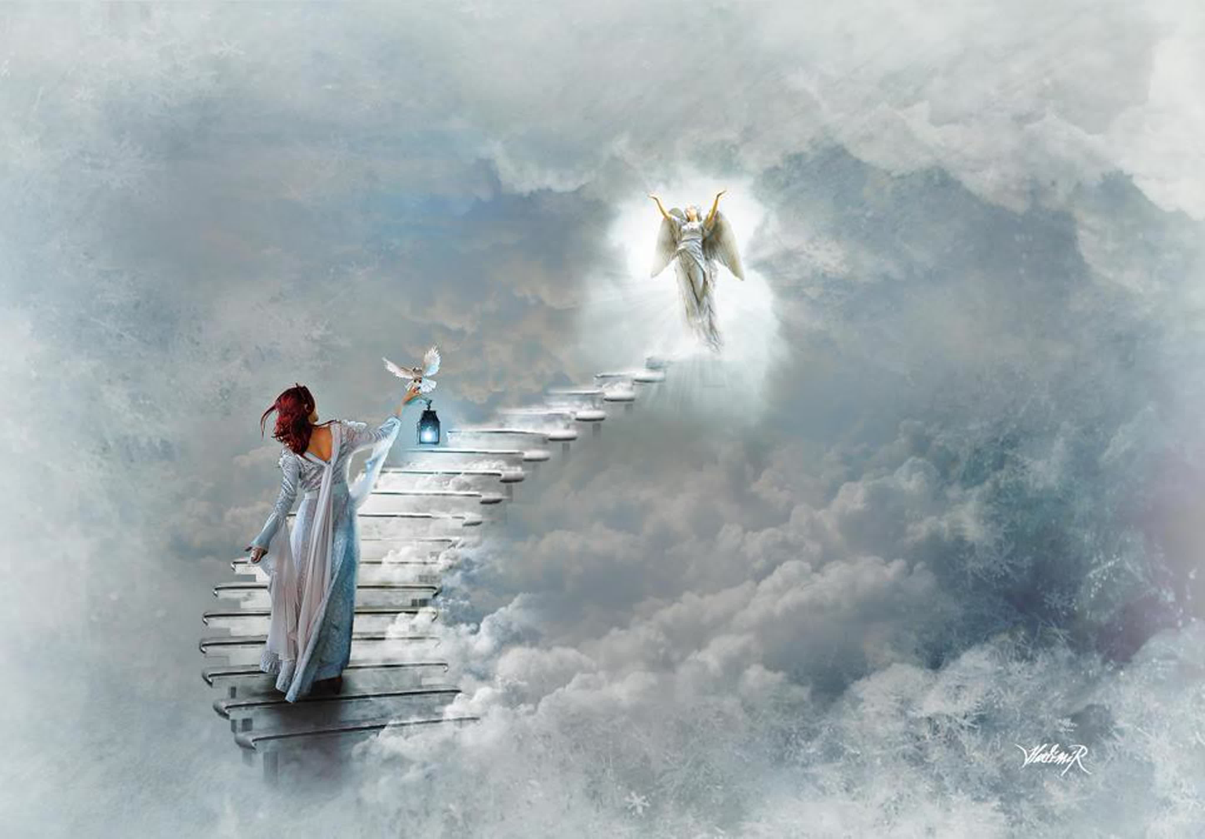 Летящий ангел слушать. Лестница в небо. Лестница к Богу. Небесные ангелы. Ангел в небесах.