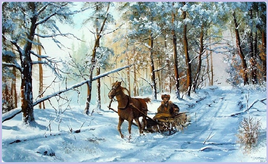 Зимняя дорога, лошадь в упряжи и сани!