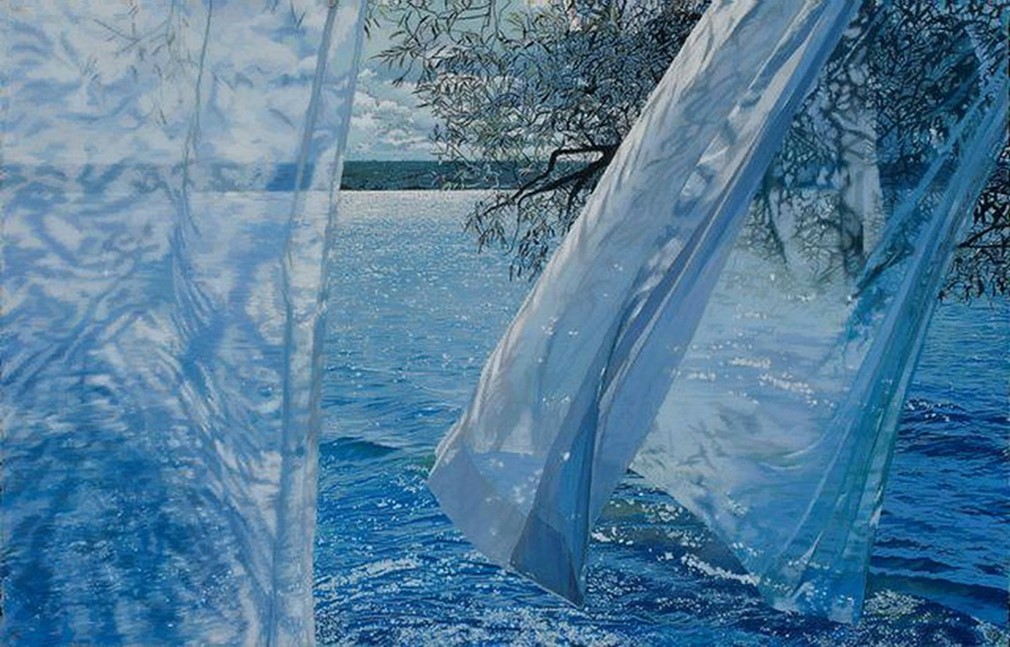 От воды веяло свежестью. Алиса Далтон Браун картины. Тюль на ветру. Занавеска на ветру. Занавески развеваются на ветру.