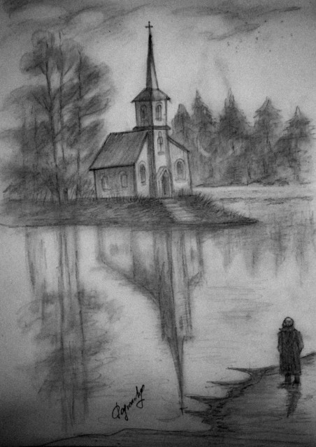 Церквушка, озеро, луна