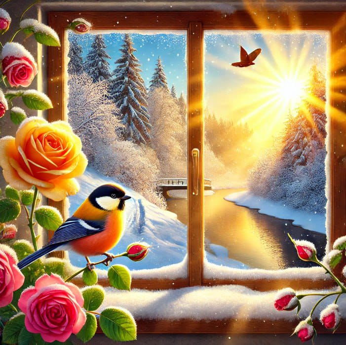 На окно прилетели синички