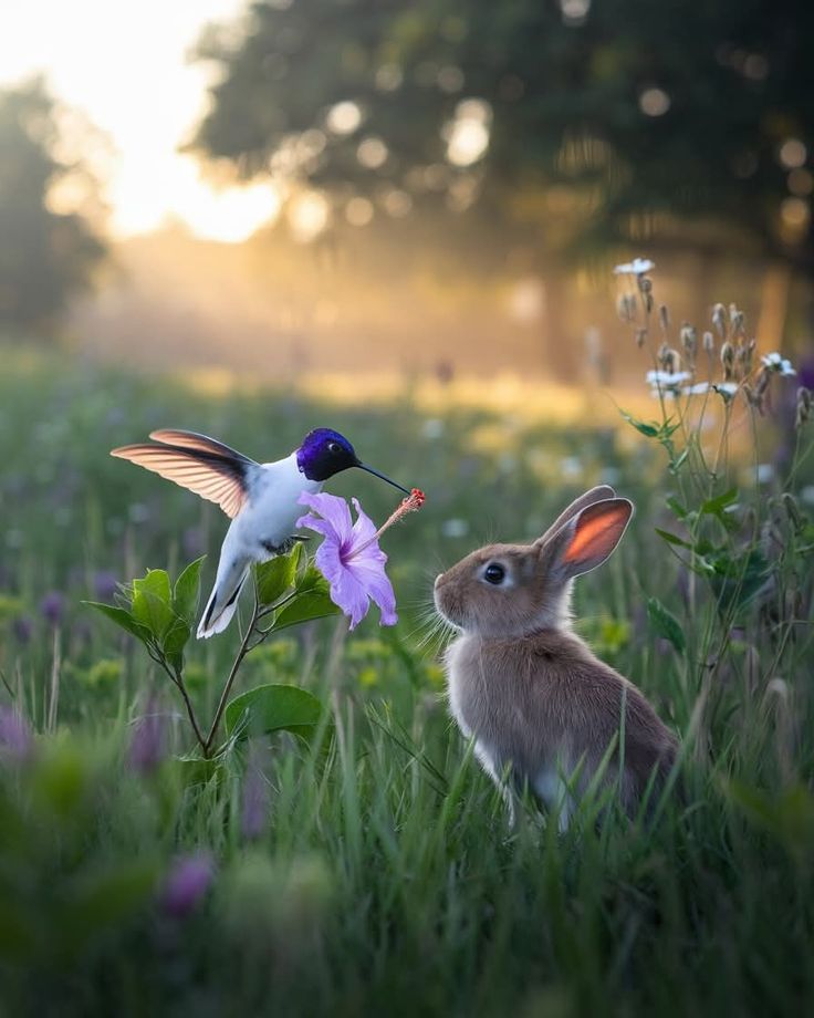 Зайчик, гибискус и колибри
