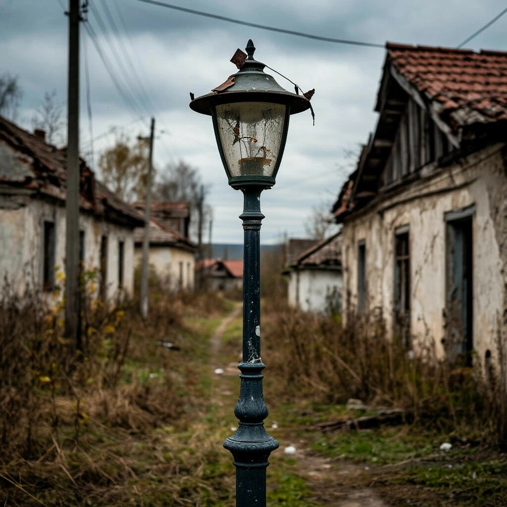 Фонарный столб в заброшенной деревне