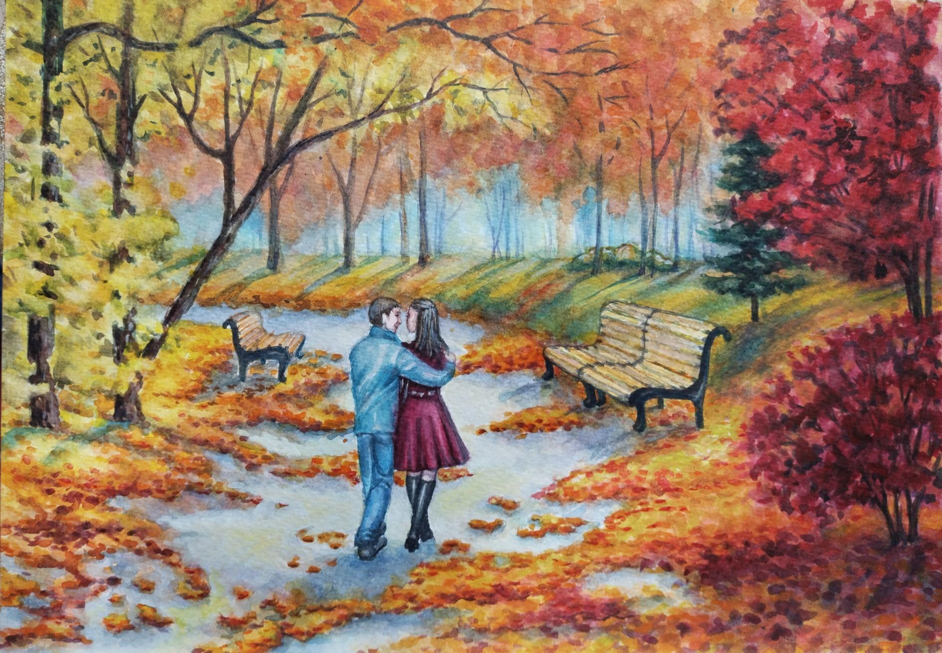 Влюбленная пара в осеннем парке